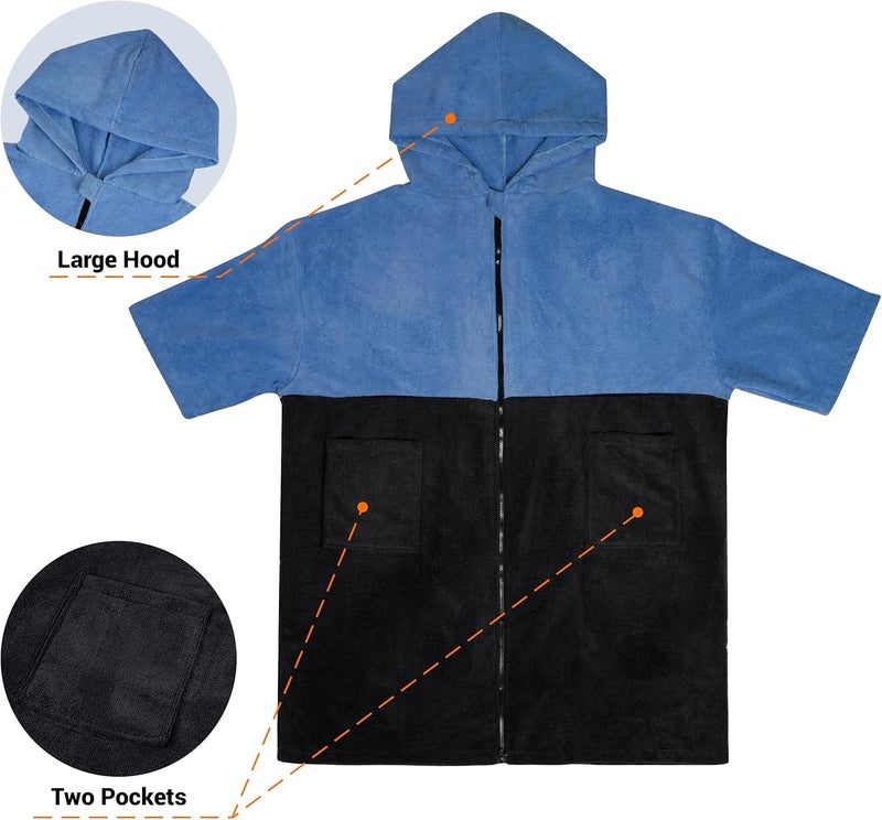 Zingtto Hooded Towels for Kids Zippered Surf Poncho Swim Robe for 6-13 Years, 3/4 Sleeve Big Kids Hooded Beach Towel Thick Changing Robe Girls Boys, Black Blue - Image 5