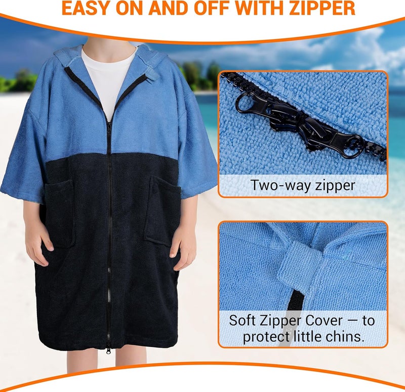 Zingtto Hooded Towels for Kids Zippered Surf Poncho Swim Robe for 6-13 Years, 3/4 Sleeve Big Kids Hooded Beach Towel Thick Changing Robe Girls Boys, Black Blue - Image 3