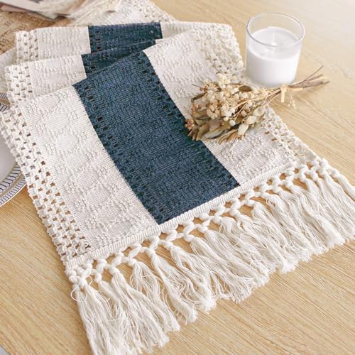 FEXIA Boho Blue Table Runner 72 Inches Long with Tassels Macrame Farmhouse Style Party Rustic Wedding Baby Bridal Shower Dining Decor 12x72 Inches