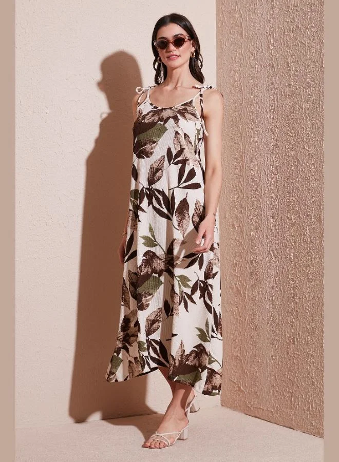 Lela Lela Patterned Oversize Fit Tied Rope Strap Round Neck Midi Length Dress Women's DRESS 5869022