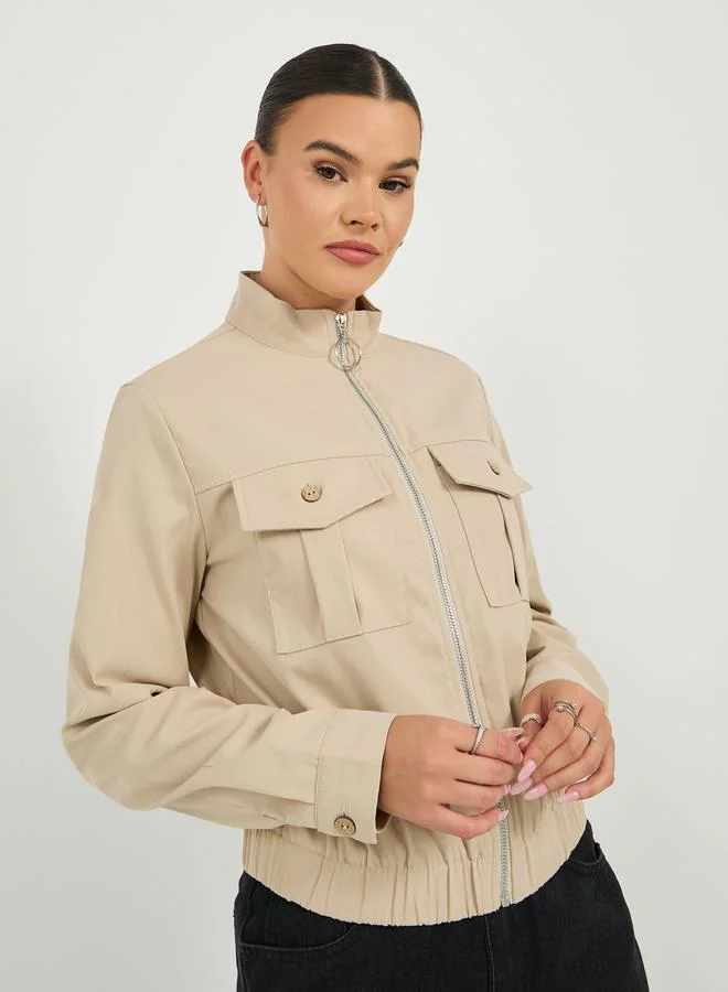 Styli Solid Long Sleeve Zipper Jacket
