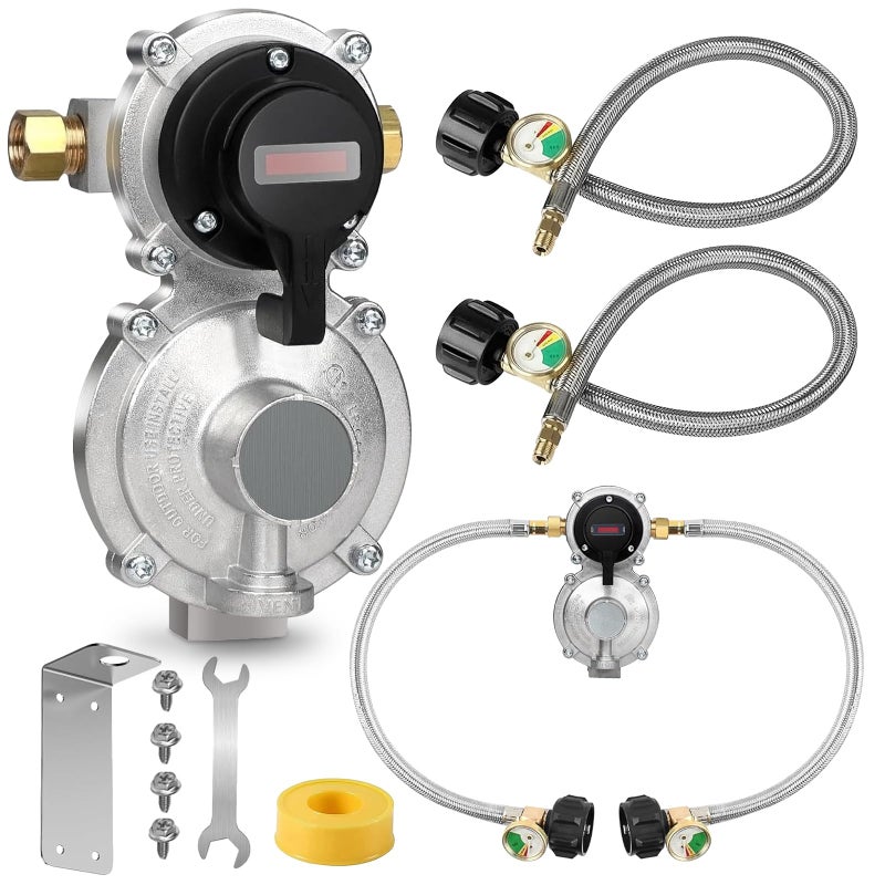 PYXGLAQ Rv Propane Regulator 2 Tank Hoses LP Gas Regulator 2Stage Auto Changeover Kit Dual Tank Hoses with Propane Tank Gauge TwoCylinder Connection Setup for Camper Trailer Gas Systems - Image 2
