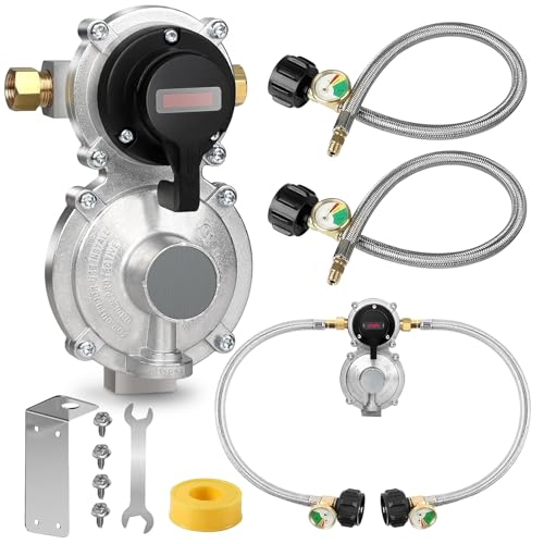 PYXGLAQ Rv Propane Regulator 2 Tank Hoses LP Gas Regulator 2Stage Auto Changeover Kit Dual Tank Hoses with Propane Tank Gauge TwoCylinder Connection Setup for Camper Trailer Gas Systems - Image 1