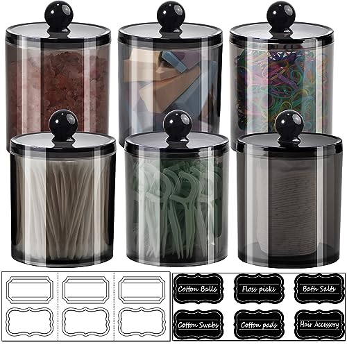 SheeChung 6 Pack Qtip Dispenser Apothecary Jars Bathroom with Labels - Qtip Holder Storage Canister Clear Plastic Acrylic Jar for Cotton Ball, Pads, Swab, Rounds,Floss Picks, Hair Clips (Black) - Image 1