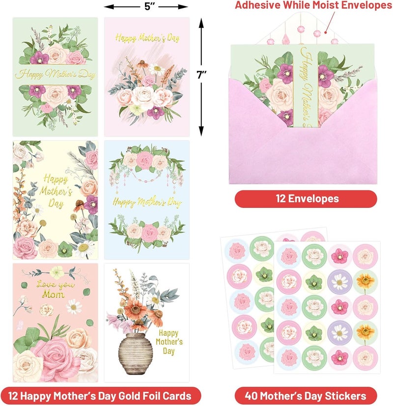 Fancy Land Happy Mothers Day Cards with Envelopes 12PCS Gold Foil Mother's Day Gift Cards Boho Floral Blank Inside - Image 3