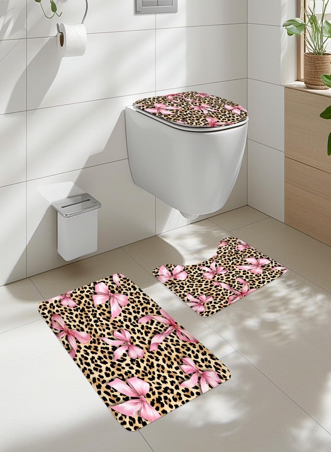 Cinbloo 4Pcs Pink Bow Leopard Print Shower Curtain Set, Black Pink Wild Animal Skin Pattern Cheetah Cat Bathroom Curtain with Rug, Toilet Lid Cover, Bath Mat, Girly Sweet Shower Curtain with 12 Hooks - Image 2