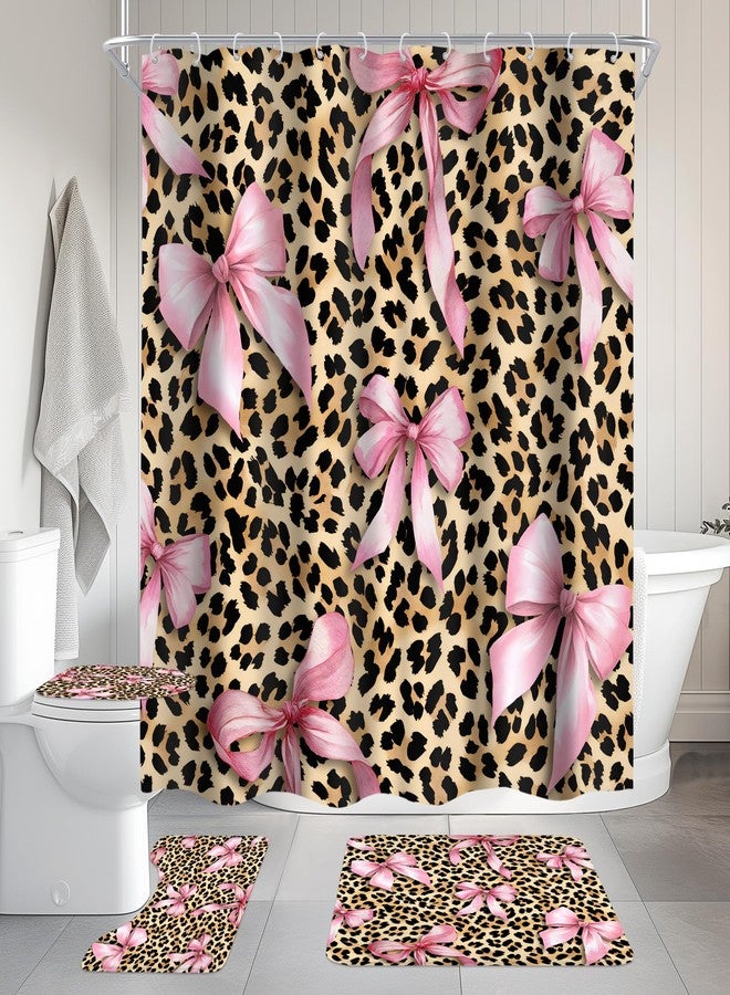 Cinbloo 4Pcs Pink Bow Leopard Print Shower Curtain Set, Black Pink Wild Animal Skin Pattern Cheetah Cat Bathroom Curtain with Rug, Toilet Lid Cover, Bath Mat, Girly Sweet Shower Curtain with 12 Hooks - Image 3