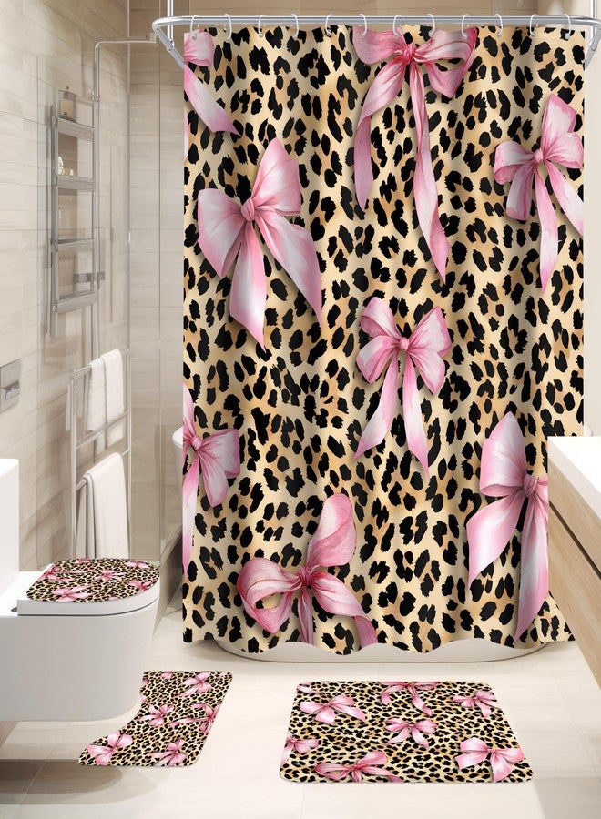 Cinbloo 4Pcs Pink Bow Leopard Print Shower Curtain Set, Black Pink Wild Animal Skin Pattern Cheetah Cat Bathroom Curtain with Rug, Toilet Lid Cover, Bath Mat, Girly Sweet Shower Curtain with 12 Hooks - Image 1