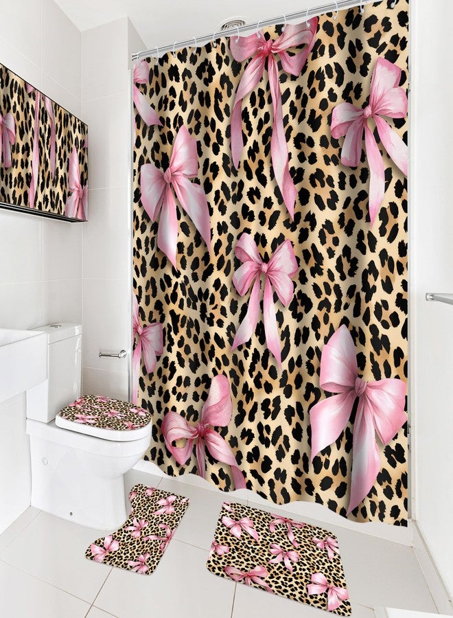 Cinbloo 4Pcs Pink Bow Leopard Print Shower Curtain Set, Black Pink Wild Animal Skin Pattern Cheetah Cat Bathroom Curtain with Rug, Toilet Lid Cover, Bath Mat, Girly Sweet Shower Curtain with 12 Hooks - Image 4