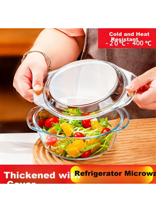 Pinyu Glass Double-handled Transparent Bowl With Lid, Microwave-safe Heat-resistant Soup Bowl, Noodle Bowl, Salad Bowl, Ramen Steamed Egg Custard Bowl - Image 1