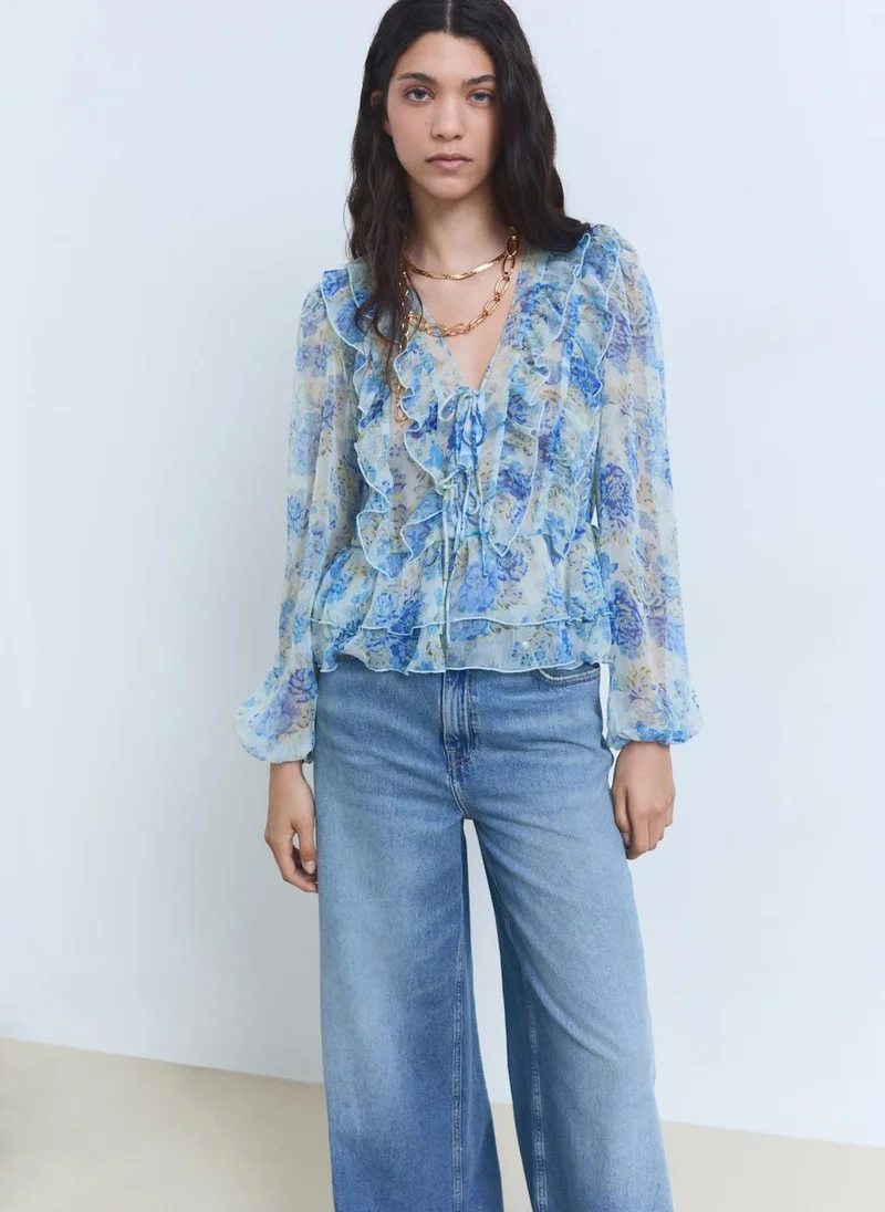 MANGO Floral Ruffled Blouse