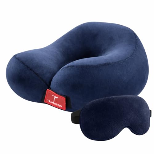 Trajectory Travel Neck Pillow with Sleeping Eye Mask Combo for Travelling and Sleeping in Airplane Flight, Cab, Car, Train, Bus for Men and Women Blue (As seen on Shark Tank) - Image 1