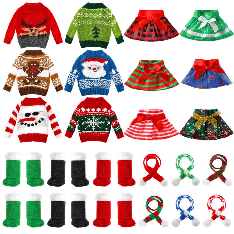 Hollowfly 24 Pcs Christmas Doll Accessories Clothes Christmas Doill Costume Mini Outfit Include Knitted Sweater Skirt Scarf Snow Boots for Xmas Decor Cute - Image 3