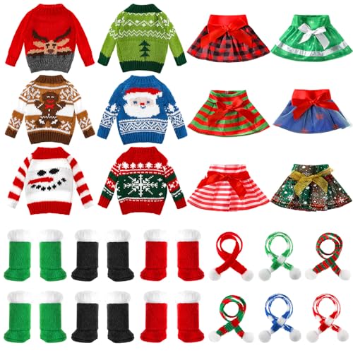 Hollowfly 24 Pcs Christmas Doll Accessories Clothes Christmas Doill Costume Mini Outfit Include Knitted Sweater Skirt Scarf Snow Boots for Xmas Decor Cute - Image 1
