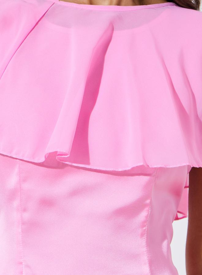 Styli Pink Solid Sleeveless A-Line Maxi Dress with Removable Cape - Image 4
