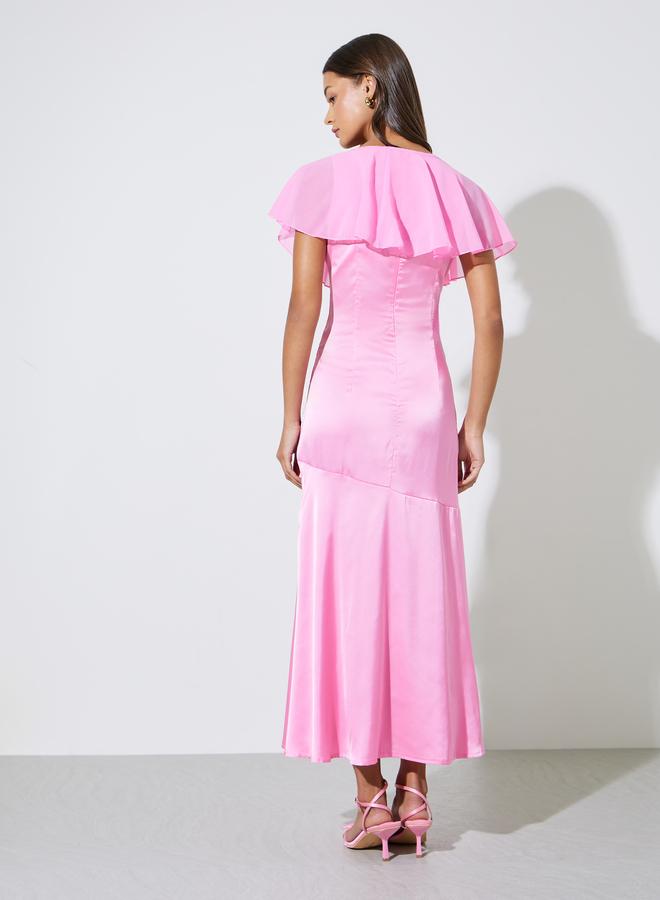 Styli Pink Solid Sleeveless A-Line Maxi Dress with Removable Cape - Image 3