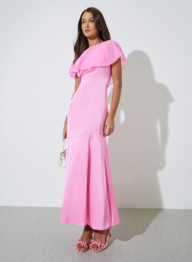 Styli Pink Solid Sleeveless A-Line Maxi Dress with Removable Cape - Image 1