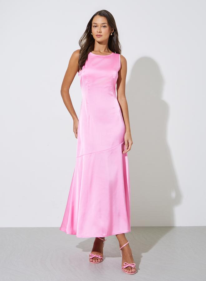 Styli Pink Solid Sleeveless A-Line Maxi Dress with Removable Cape - Image 5