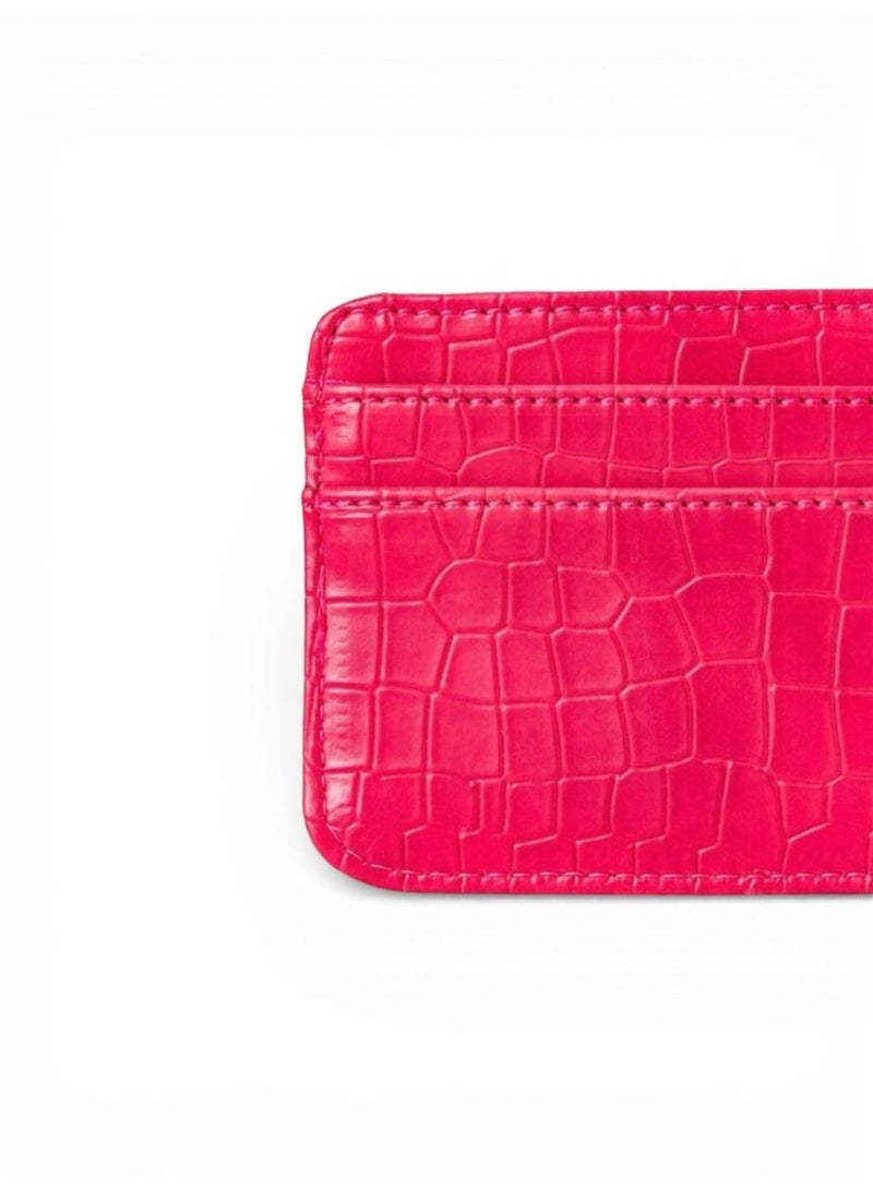 M A Leather Card Holder, Crocodile Embossed Pattern, Slim Wallet with Multiple Card Slots-009 (pink) - Image 2