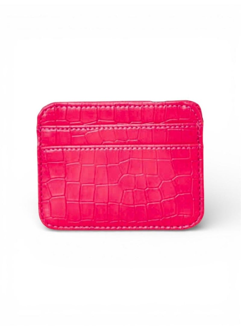 M A Leather Card Holder, Crocodile Embossed Pattern, Slim Wallet with Multiple Card Slots-009 (pink) - Image 1