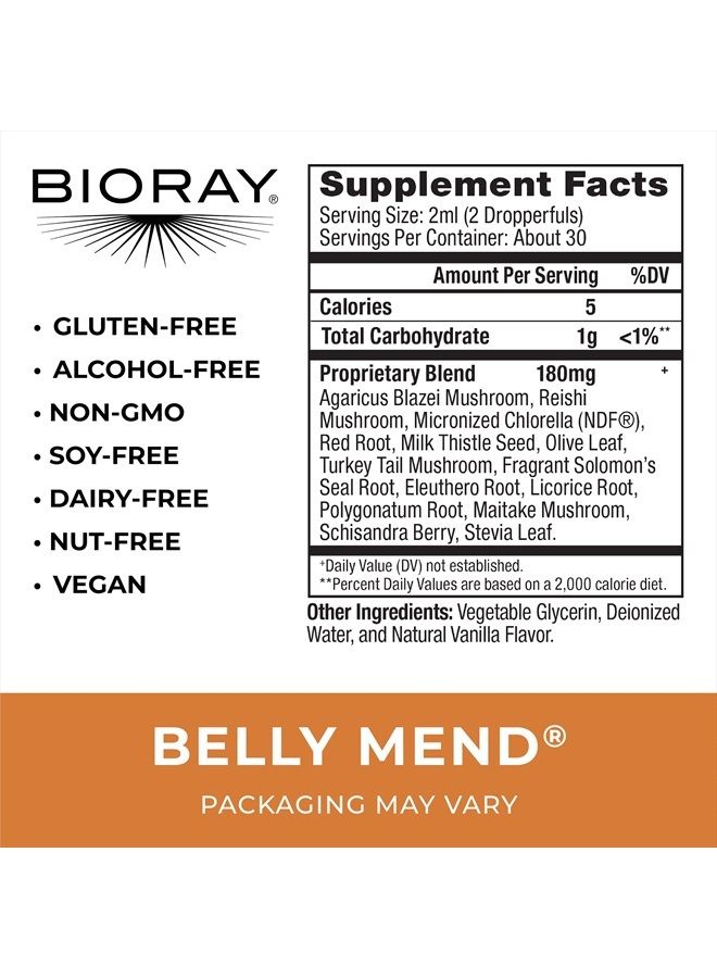 BIORAY Daily Belly Mend - 2 fl oz - 11-Strain Probiotic Blend with Medicinal Mushrooms - Supports Healthy Gut & Bowel Functions - Non-GMO, Vegetarian, Gluten Free - Image 2