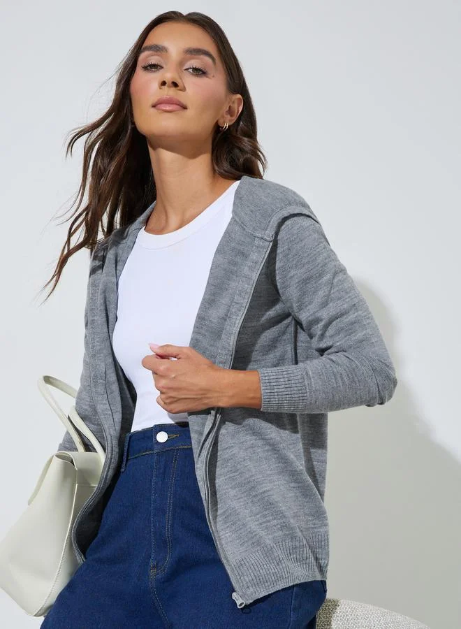 Styli Grey Solid Long Sleeves Zip-Up Regular Fit Hoodie