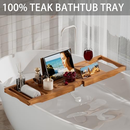 BAMBUROBA Premium Teak Bathtub Tray Caddy, Expandable Wooden Bath Tray for Tub,Luxury Bathroom Accessories,Great House Warming, Anniversary & Wedding and Birthday Gifts - Image 2