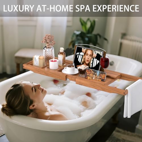 BAMBUROBA Premium Teak Bathtub Tray Caddy, Expandable Wooden Bath Tray for Tub,Luxury Bathroom Accessories,Great House Warming, Anniversary & Wedding and Birthday Gifts - Image 4