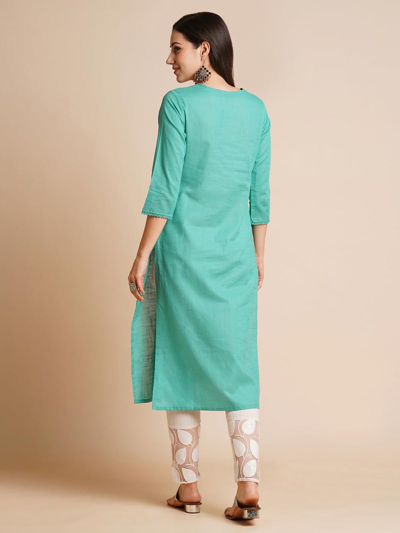 RATAN Women Pure Cotton Straight Fit Embroidered Ethnic Wear Kurta (STR-1989-M_Turquoise) - Image 2