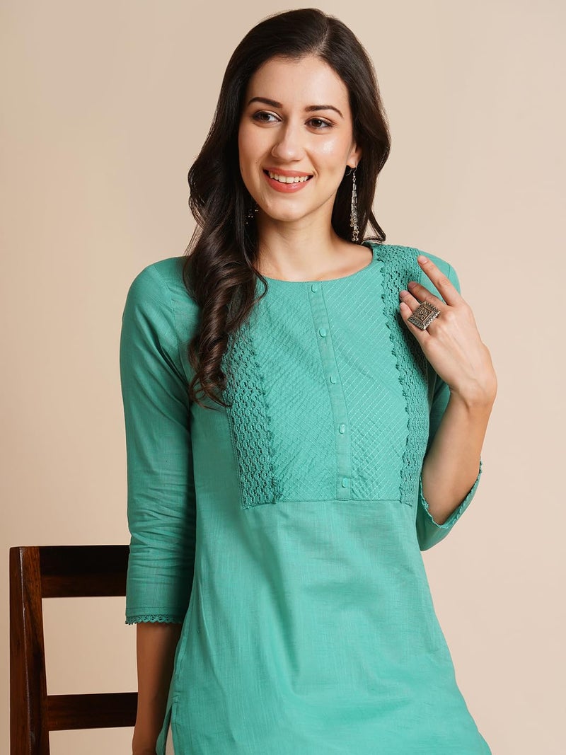 RATAN Women Pure Cotton Straight Fit Embroidered Ethnic Wear Kurta (STR-1989-M_Turquoise) - Image 5