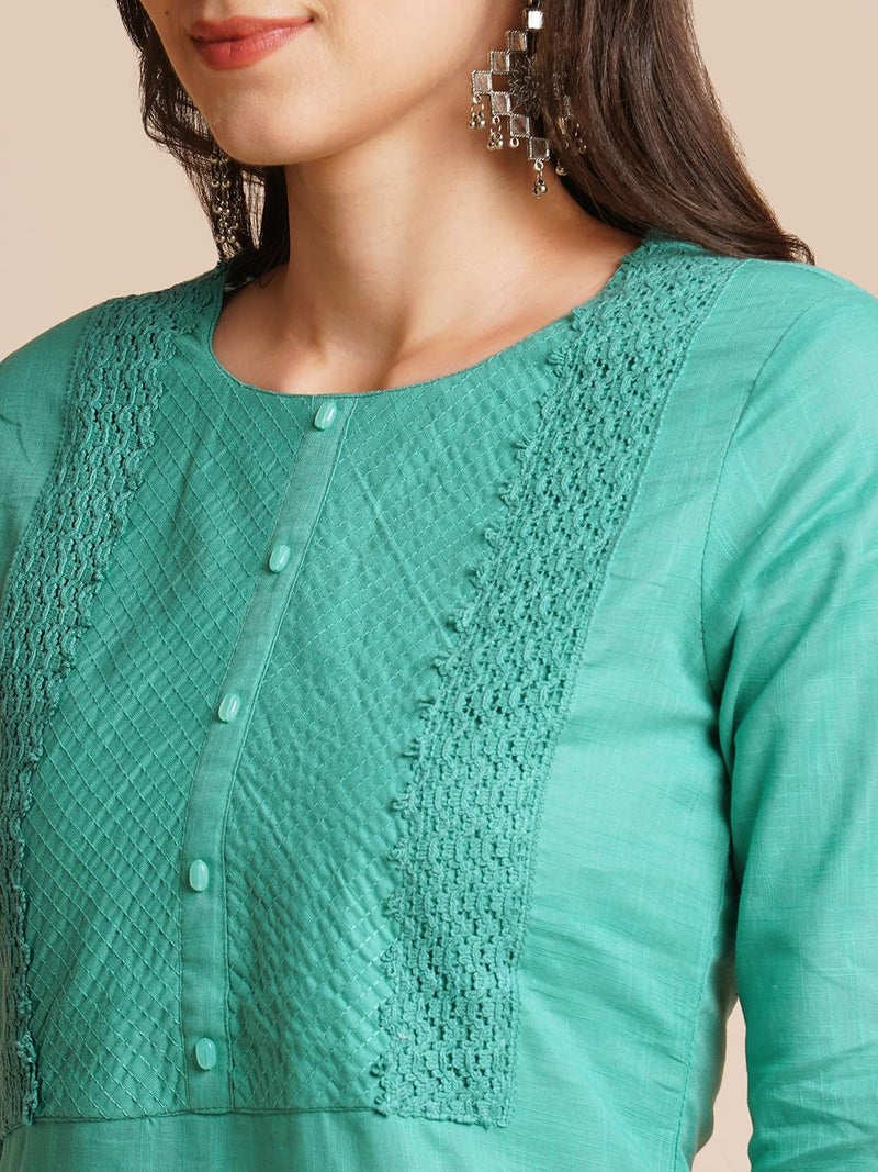 RATAN Women Pure Cotton Straight Fit Embroidered Ethnic Wear Kurta (STR-1989-M_Turquoise) - Image 3