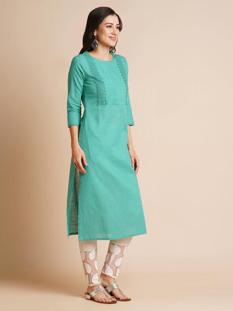 RATAN Women Pure Cotton Straight Fit Embroidered Ethnic Wear Kurta (STR-1989-M_Turquoise) - Image 4