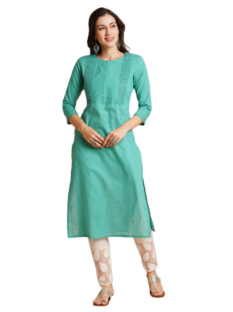 RATAN Women Pure Cotton Straight Fit Embroidered Ethnic Wear Kurta (STR-1989-M_Turquoise) - Image 1