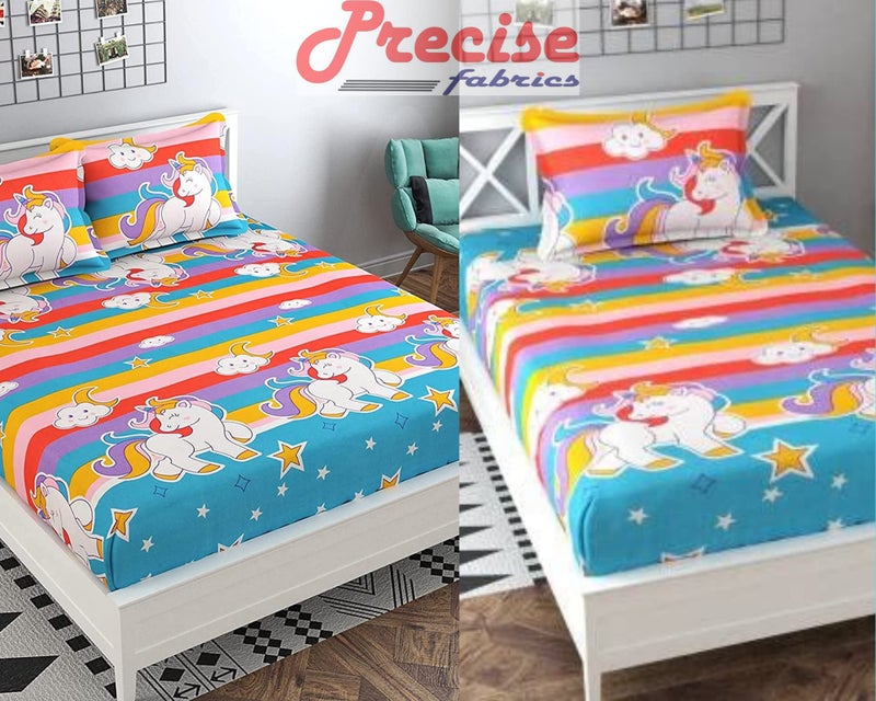 Precise Fabrics Combo Pack of 2 Elastic Fitted Bedsheet 1 for Double Bed and 1 for Single Bed of Same Print 200TC(Unicorn) - Image 1