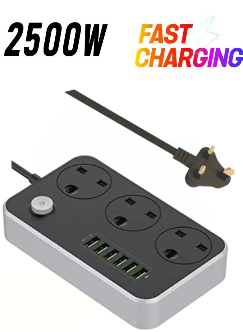 3-Power Socket and 6-Port USB Adapter Extension Cord Power Strip, Compact Multi-Port Charger for Home and Office Use, 2 Meters Length, Grey  - Image 1