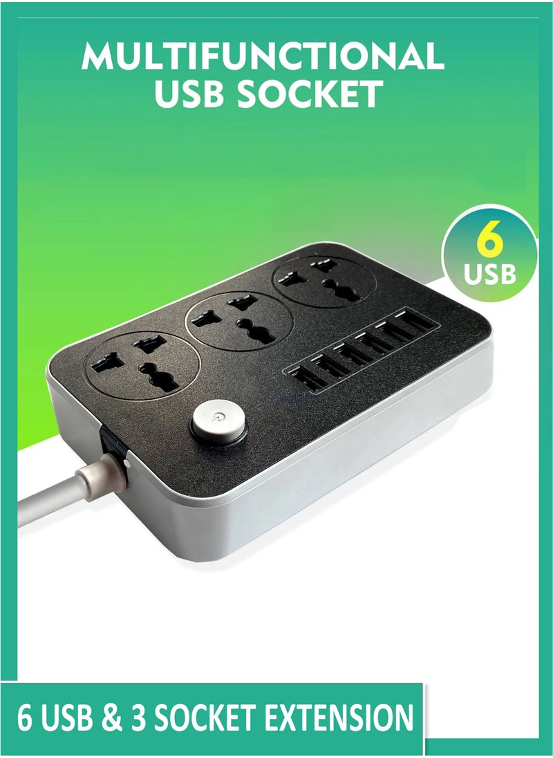 Trendify - 3-Power Socket and 6-Port USB Adapter Extension Cord Power Strip, Compact Multi-Port Charger for Home and Office Use, 2 Meters Length, Grey - Image 1
