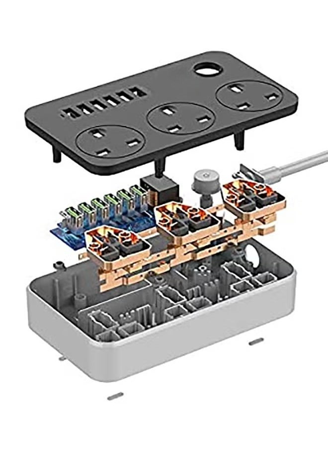 Trendify - 3-Power Socket and 6-Port USB Adapter Extension Cord Power Strip, Compact Multi-Port Charger for Home and Office Use, 2 Meters Length, Grey - Image 1