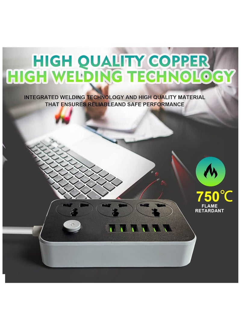 Trendify - 3-Power Socket and 6-Port USB Adapter Extension Cord Power Strip, Compact Multi-Port Charger for Home and Office Use, 2 Meters Length, Grey - Image 1