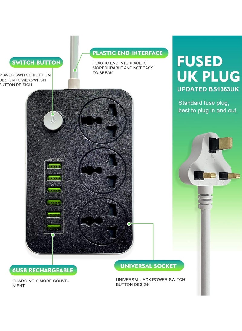 Trendify - 3-Power Socket and 6-Port USB Adapter Extension Cord Power Strip, Compact Multi-Port Charger for Home and Office Use, 2 Meters Length, Grey - Image 1