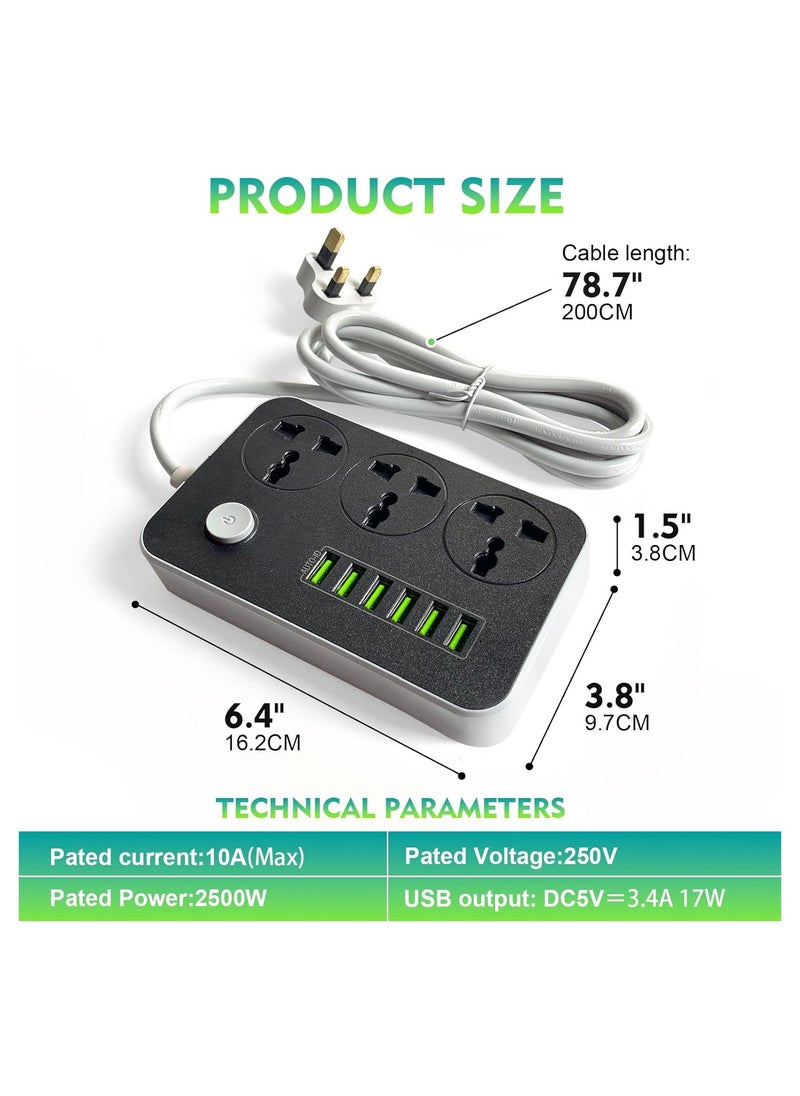 Trendify - 3-Power Socket and 6-Port USB Adapter Extension Cord Power Strip, Compact Multi-Port Charger for Home and Office Use, 2 Meters Length, Grey - Image 1