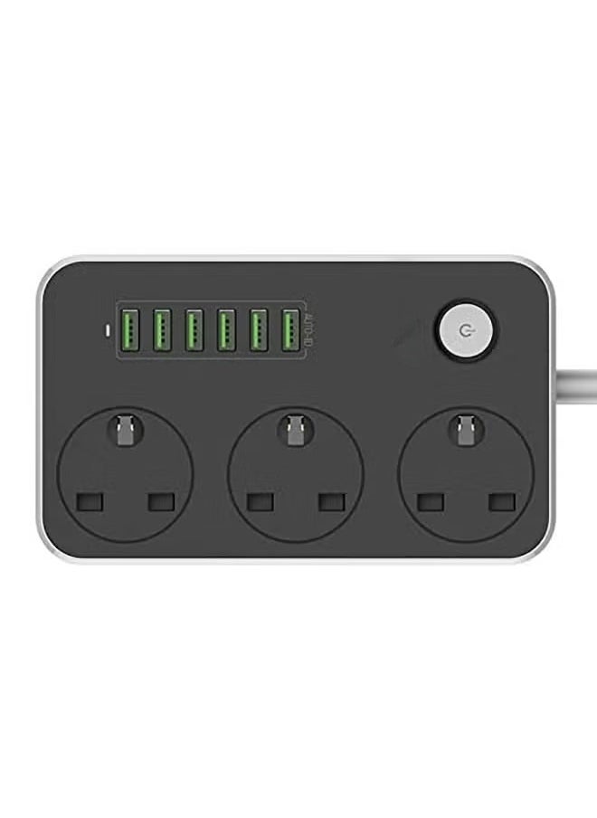 Trendify - 3-Power Socket and 6-Port USB Adapter Extension Cord Power Strip, Compact Multi-Port Charger for Home and Office Use, 2 Meters Length, Grey - Image 1