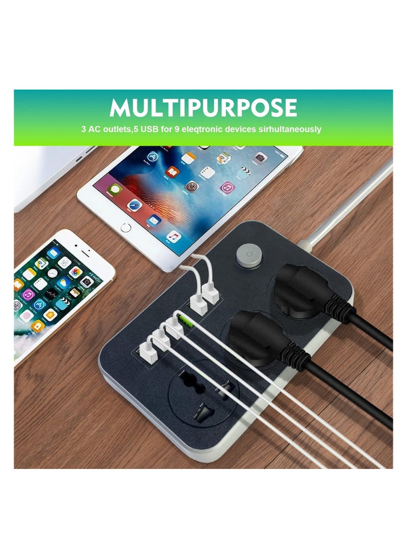 Trendify - 3-Power Socket and 6-Port USB Adapter Extension Cord Power Strip, Compact Multi-Port Charger for Home and Office Use, 2 Meters Length, Grey - Image 1