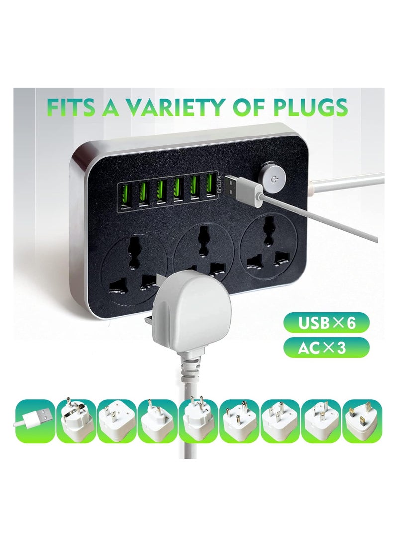 Trendify - 3-Power Socket and 6-Port USB Adapter Extension Cord Power Strip, Compact Multi-Port Charger for Home and Office Use, 2 Meters Length, Grey - Image 1