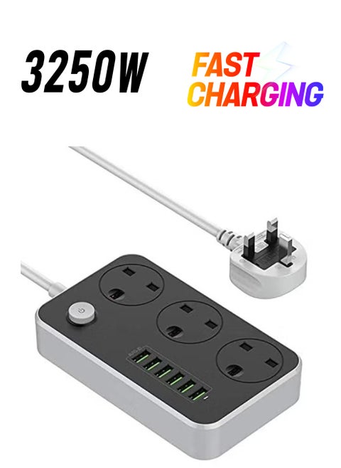 3-Power Socket and 6-Port USB Adapter Extension Cord Power Strip, Compact Multi-Port Charger for Home and Office Use, 2 Meters Length, Grey