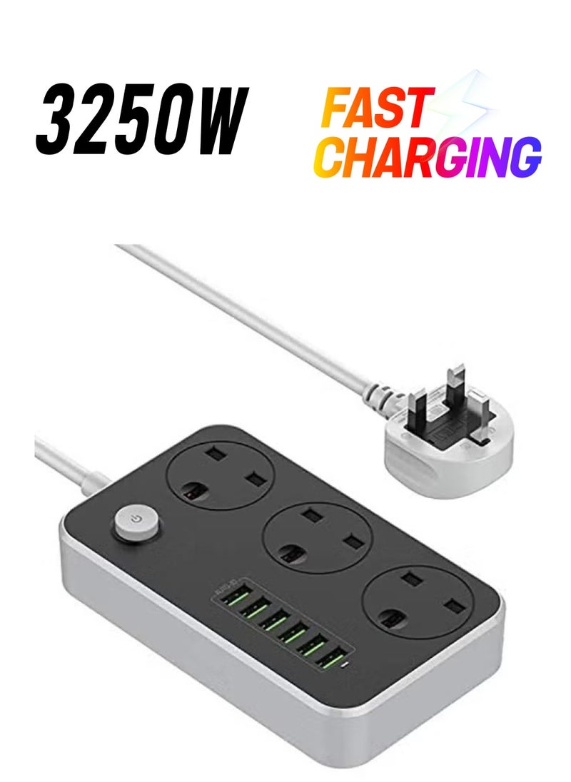 Trendify - 3-Power Socket and 6-Port USB Adapter Extension Cord Power Strip, Compact Multi-Port Charger for Home and Office Use, 2 Meters Length, Grey - Image 1