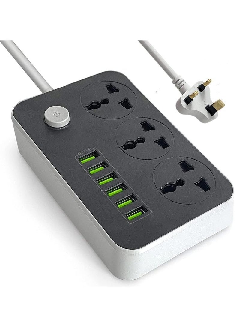 سلك تمديد محول USB بثلاثة منافذ و6 منافذ، شاحن صغير متعدد المنافذ للاستخدام المنزلي والمكتبي، بطول مترين، لون رمادي - Image 1