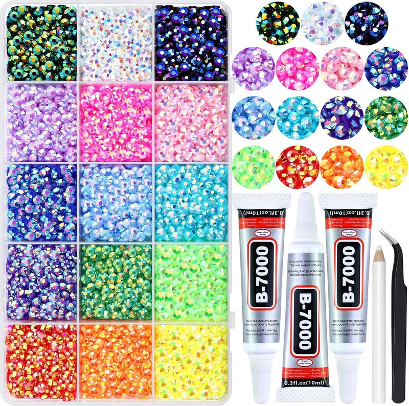 Briskbloom 15000PCS 4MM Resin Jelly Rhinestones for Crafts Nails, 15 Colors SS16 Flatback Rhinestone Gems for Tumblers Mugs Crocs Shoes Graduation Cap Makeup, Bedazzling Kit with B7000 Glue - Image 1