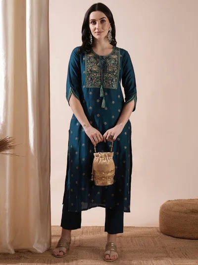globus Women Teal Green Floral Embroidered Thread Work Straight Kurta With Trousers