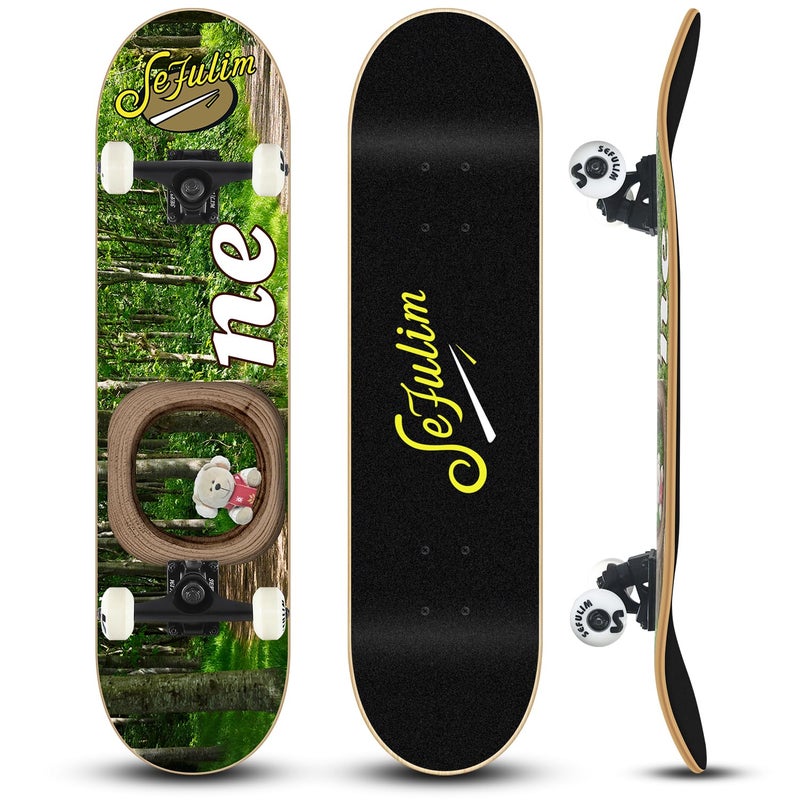 Sefulim 31 x 8 Inch Complete Skateboard 7 Layer Canadian Maple Double Kick Deck Concave Cruiser Trick Skateboard for Boys Girls Teens Adults Beginner
