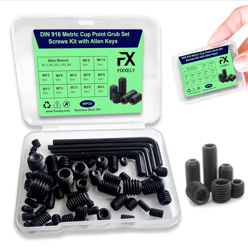 FIXXELY Set Screws Assortment Kit (M3, M4, M5, M6, M8) with Allen Keys – Black Durable 60 Pcs Metric Cup Point Alloy Steel for Bathroom Fixtures, Door Knobs, Faucets, Plumbing, and More - Image 1